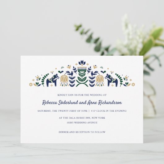 Invitation Dala d'art populaire scandinave Cheval CUSTOM bleu (Debout devant)