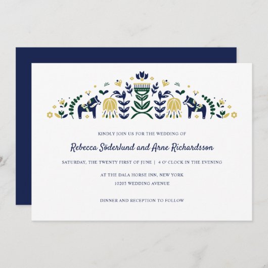 Invitation Dala d'art populaire scandinave Fleur Cheval CUSTO (Devant / Derrière)