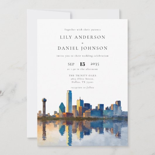 Invitation Dallas Skyline Watercolor All In One Wedding (Devant)