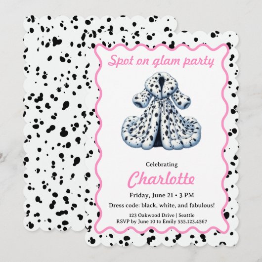 Invitation Dalmatian Print Birthday | Black and White party (Devant / Derrière)