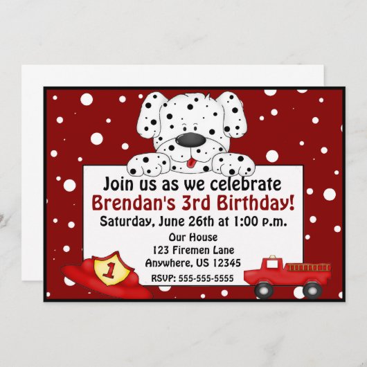 Invitation dalmatienne d'anniversaire de pompier (Devant / Derrière)