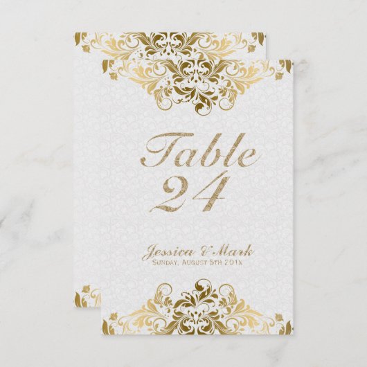 Invitation Damas blancs élégants et dentelle florale dorée (Devant / Derrière)