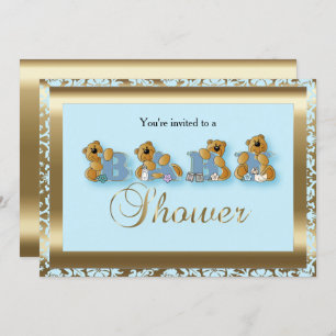 Invitation Damas bleu et or avec ours en peluche BABY SHOWE