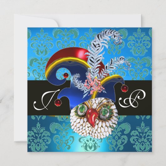 INVITATION DAMAS BLEU, HIBOU JOYAU, CHAPEAU D'ELF, PLUMAGE DI (Devant)