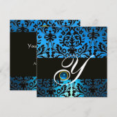 Invitation DAMAS BLEU NOIR À MONOGRAMME Saphir (Devant / Derrière)