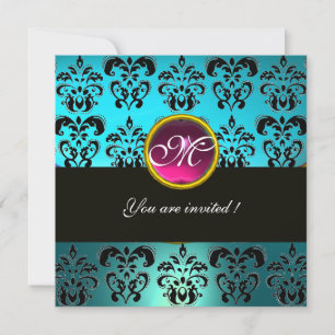 Invitation DAMAS BLEU NOIR MONOGRAMME, améthyste rose turquoi