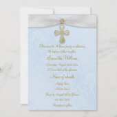 Invitation Damas bleues, ruban blanc et croix d'or Baptême (Devant)