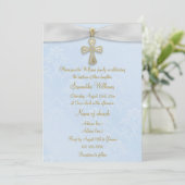 Invitation Damas bleues, ruban blanc et croix d'or Baptême (Debout devant)