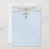 Invitation Damas bleues, ruban blanc et croix d'or Baptême (Dos)