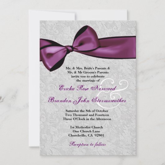 Invitation Damas d'argent avec Mariage d'écorce violet de pru (Devant)