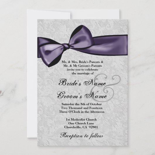 Invitation Damas d'argent et Mariage profond de cou pourpre (Devant)