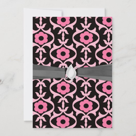 Invitation damas de fleur rose chic blanc sur noir (Devant)