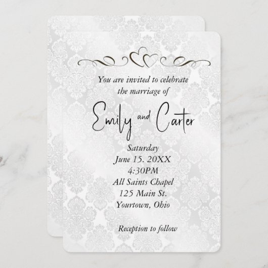 Invitation Damas de Mariage blanc avec les coeurs (Devant / Derrière)