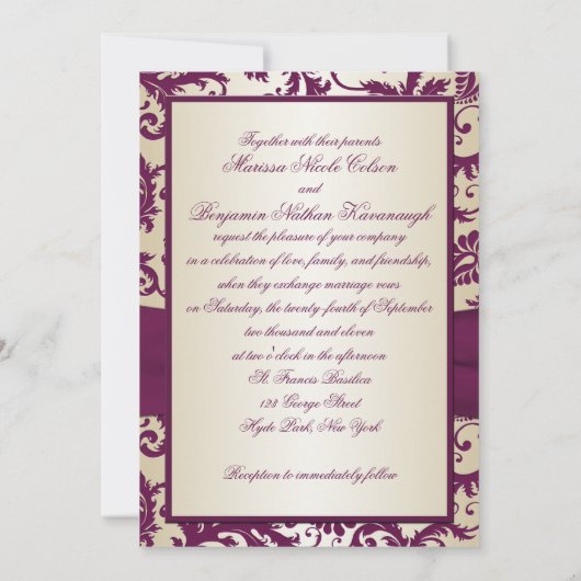 Invitation Damas de prune avec mariage avec ruban imprimé Inv (Dos)