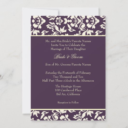 Invitation Damas de prune/crème d'ivoire (Dos)