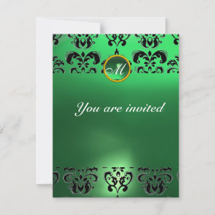 Invitation DAMAS ÉMERAUDE PIERRE PRÉCIEUSE MONOGRAMME vert no