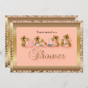 Invitation Damas Gold & Peach avec Nounours   Baby shower