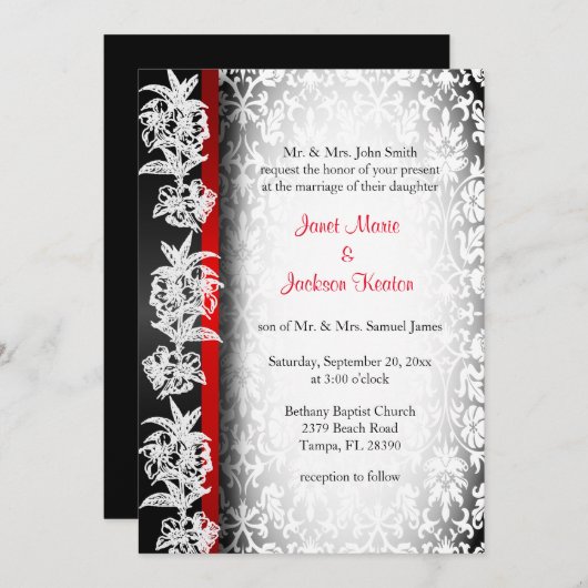 Invitation Damas Mariage moderne en blanc, noir et rouge (Devant / Derrière)