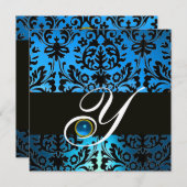 Invitation DAMAS MONOGRAMME BLEU NOIR Saphir (Devant / Derrière)
