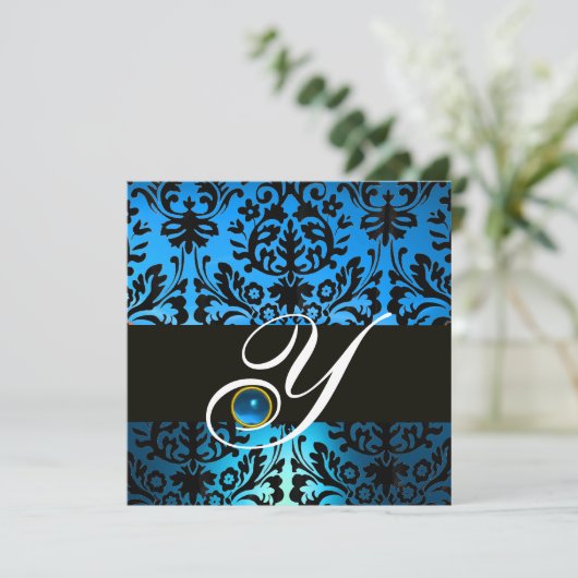 Invitation DAMAS MONOGRAMME BLEU NOIR Saphir (Debout devant)