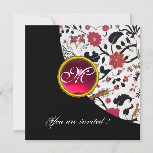 Invitation DAMAS MONOGRAMME NOIR ET BLANC, rubis rouge, (Devant)