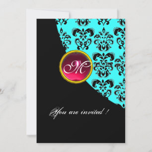 Invitation DAMAS MONOGRAMME NOIR ET BLEU,rouge rubis,turquois