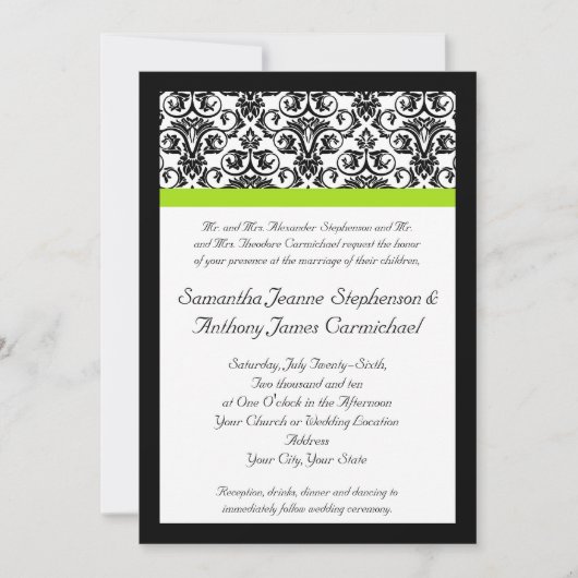 Invitation Damas noir/blanc avec bande d'accents vert de la C (Devant)