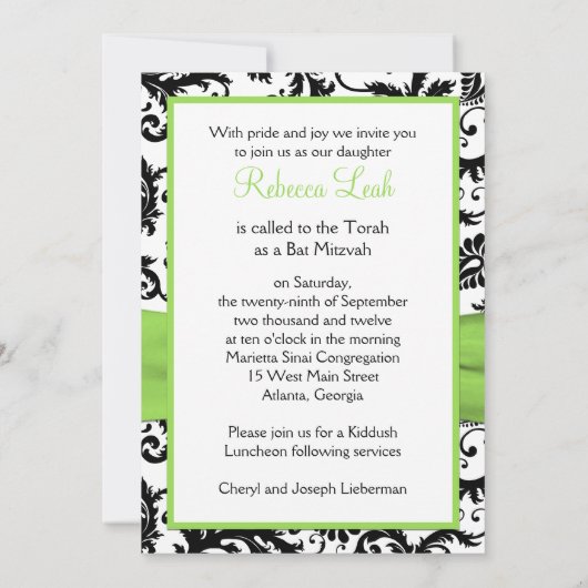 Invitation Damas noir, blanc avec citron vert IMPRIMÉ (Dos)