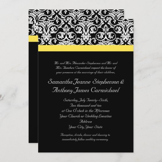Invitation Damas noir/blanc avec jaune vif (Devant / Derrière)