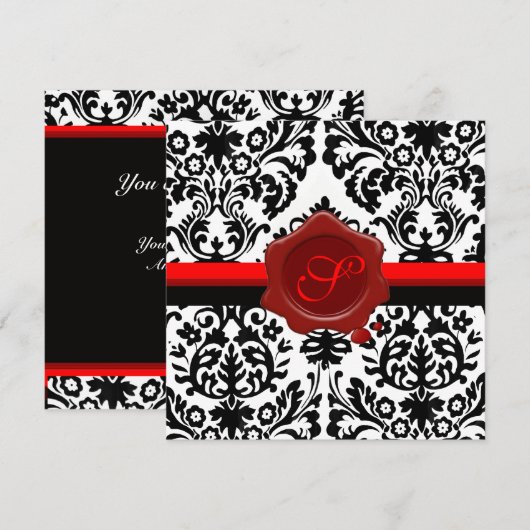 INVITATION DAMAS NOIR & BLANC, MONOGRAMME À CACHET DE CIRE RO (Devant / Derrière)