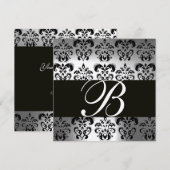 Invitation DAMAS NOIR & BLANC MONOGRAMME argent pierre de lun (Devant / Derrière)