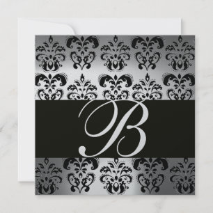 Invitation DAMAS NOIR & BLANC MONOGRAMME argent pierre de lun