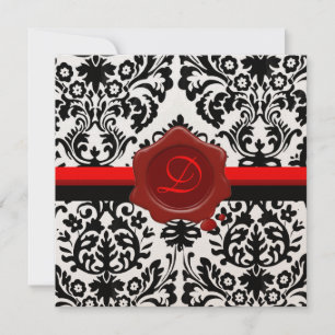 INVITATION DAMAS NOIR & BLANC, MONOGRAMME DE CIRE ROUGE