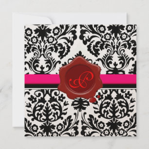 INVITATION DAMAS NOIR & BLANC, MONOGRAMME DE CIRE ROUGE