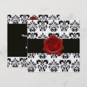 Invitation DAMAS NOIR & BLANC, MONOGRAMME DE CIRE ROUGE Ice (Devant / Derrière)