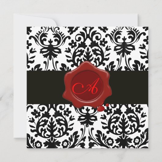 Invitation DAMAS NOIR & BLANC, MONOGRAMME DE CIRE ROUGE Ice (Devant)