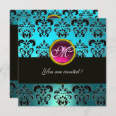 Invitation DAMAS NOIR BLEU MONOGRAMME, améthyste rose turquoi (Devant / Derrière)