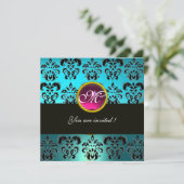 Invitation DAMAS NOIR BLEU MONOGRAMME, améthyste rose turquoi (Debout devant)