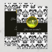 Invitation DAMAS NOIR ET BLANC À MONOGRAMME, topaze jaune (Devant / Derrière)