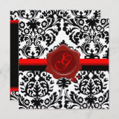 INVITATION DAMAS NOIR ET BLANC, MONOGRAMME DE CIRE ROUGE OR (Devant / Derrière)