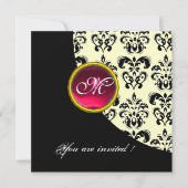 Invitation DAMAS NOIR ET BLANC MONOGRAMME,rouge rubis,argent (Devant)
