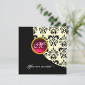Invitation DAMAS NOIR ET BLANC MONOGRAMME,rouge rubis,argent (Debout devant)