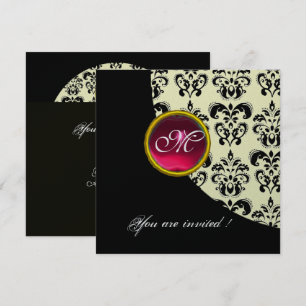 Invitation DAMAS NOIR ET BLANC MONOGRAMME,rouge rubis,argent