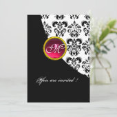 Invitation DAMAS NOIR ET BLANC MONOGRAMME,rouge rubis,fuchsia (Debout devant)
