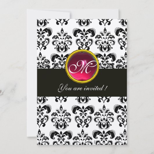 Invitation DAMAS NOIR ET BLANC MONOGRAMME,rouge rubis,fuchsia (Devant)