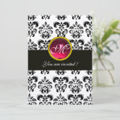 Invitation DAMAS NOIR ET BLANC MONOGRAMME,rouge rubis,fuchsia (Debout devant)
