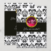 Invitation DAMAS NOIR ET BLANC MONOGRAMME,rouge rubis,fuchsia (Devant / Derrière)