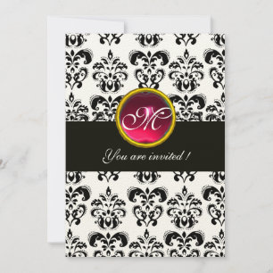 Invitation DAMAS NOIR ET BLANC MONOGRAMME,rouge rubis,fuchsia