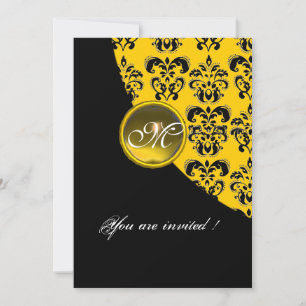 Invitation DAMAS NOIR ET JAUNE MONOGRAMME, topaze
