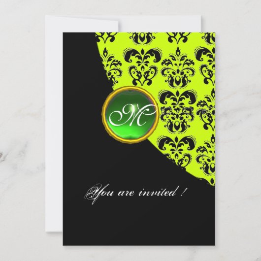 Invitation DAMAS NOIR ET JAUNE MONOGRAMME, vert émeraude (Devant)
